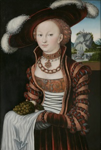 Portrait of a Young Woman Holding Grapes and Apples